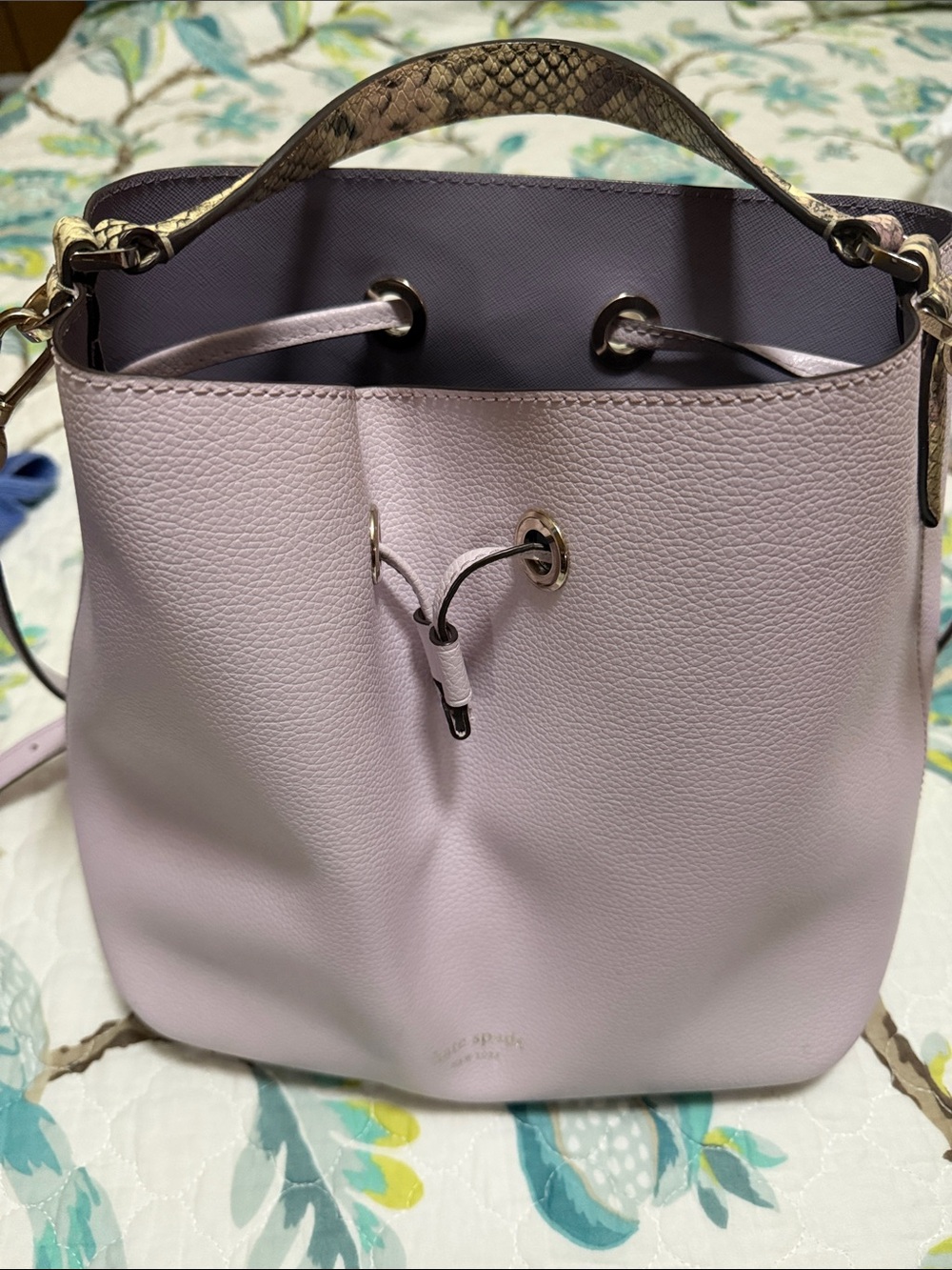 kate spade Lilac Pebbled Leather Drawstring Bucket Bag with Snakeskin Handle